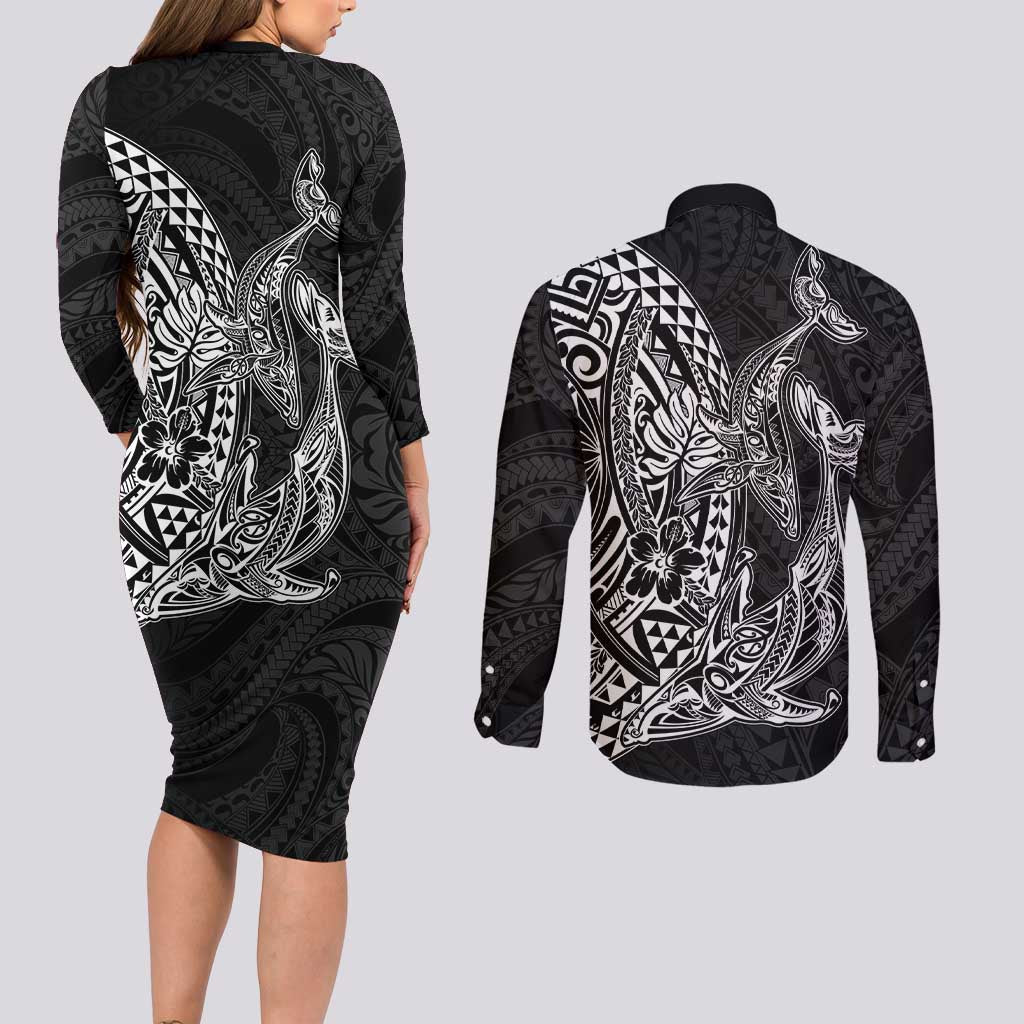 Hawaiian Whales Polynesian Art Motifs Couples Matching Long Sleeve Bodycon Dress and Long Sleeve Button Shirt Black Color - Polynesian Pride