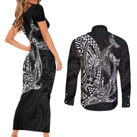 Hawaiian Whales Polynesian Art Motifs Couples Matching Short Sleeve Bodycon Dress and Long Sleeve Button Shirt Black Color - Polynesian Pride