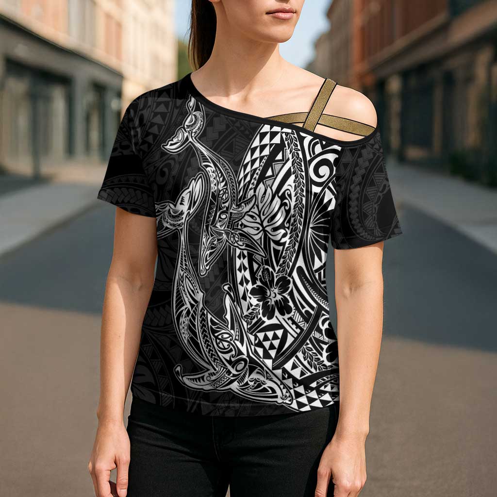 Hawaiian Whales Polynesian Art Motifs Cross Shoulder Shirt Black Color - Polynesian Pride