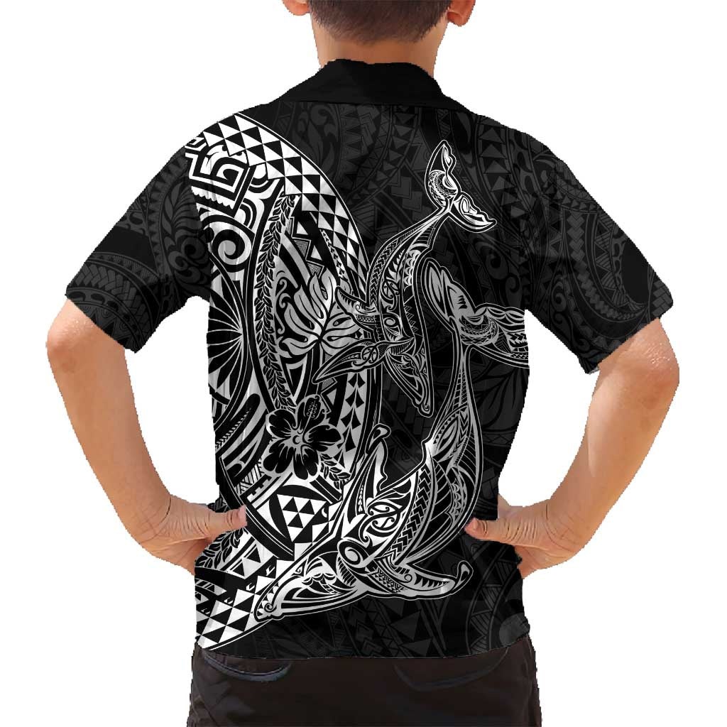 Hawaiian Whales Polynesian Art Motifs Family Matching Long Sleeve Bodycon Dress and Hawaiian Shirt Black Color LT03 - Polynesian Pride