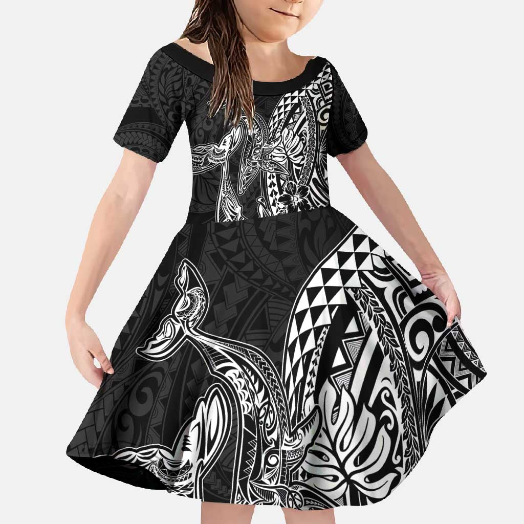 Hawaiian Whales Polynesian Art Motifs Family Matching Long Sleeve Bodycon Dress and Hawaiian Shirt Black Color LT03 Daughter's Dress Black - Polynesian Pride