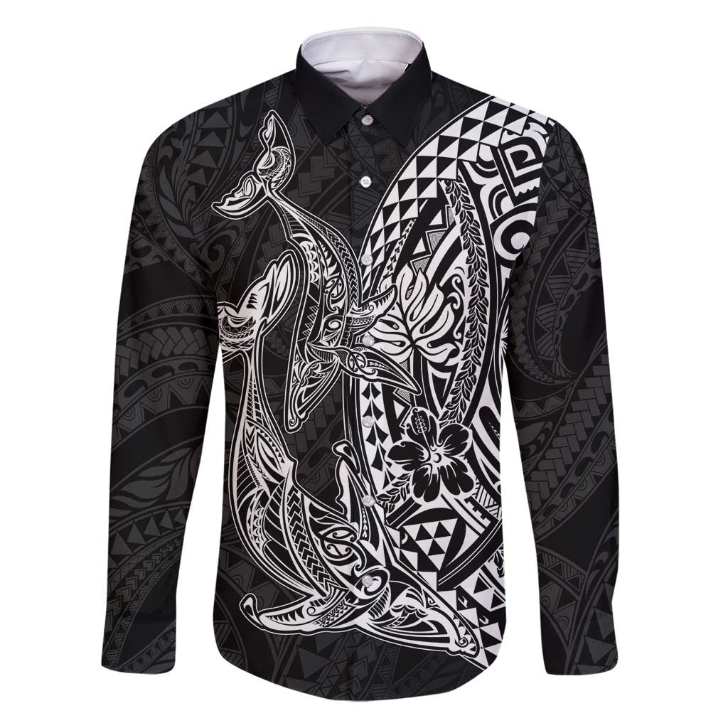 Hawaiian Whales Polynesian Art Motifs Family Matching Long Sleeve Bodycon Dress and Hawaiian Shirt Black Color LT03 Dad's Shirt - Long Sleeve Black - Polynesian Pride
