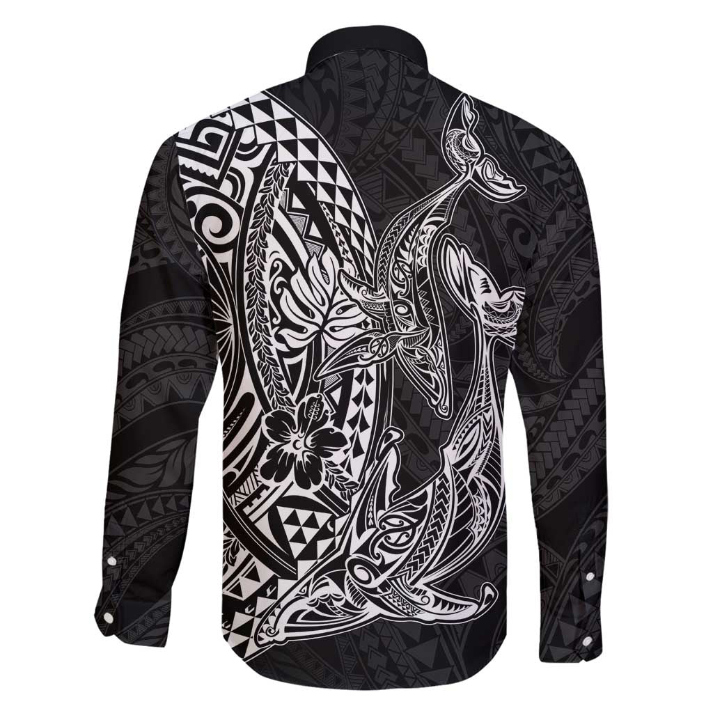 Hawaiian Whales Polynesian Art Motifs Family Matching Long Sleeve Bodycon Dress and Hawaiian Shirt Black Color LT03 - Polynesian Pride