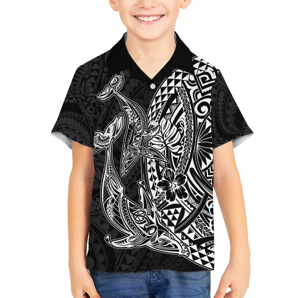 Hawaiian Whales Polynesian Art Motifs Family Matching Long Sleeve Bodycon Dress and Hawaiian Shirt Black Color LT03 Son's Shirt Black - Polynesian Pride