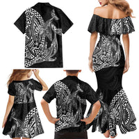 Hawaiian Whales Polynesian Art Motifs Family Matching Mermaid Dress and Hawaiian Shirt Black Color - Polynesian Pride