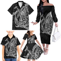Hawaiian Whales Polynesian Art Motifs Family Matching Off The Shoulder Long Sleeve Dress and Hawaiian Shirt Black Color - Polynesian Pride