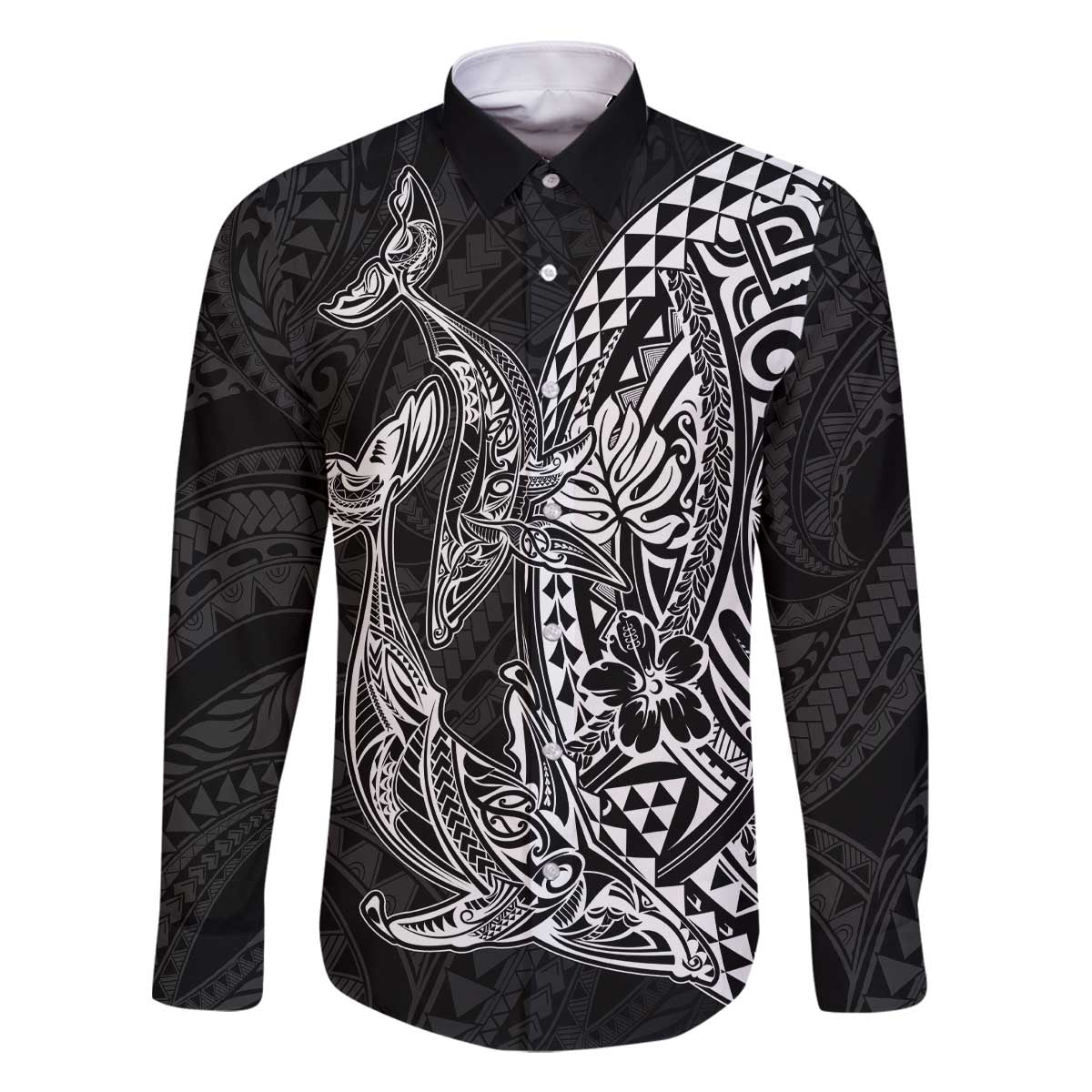 Hawaiian Whales Polynesian Art Motifs Family Matching Off The Shoulder Long Sleeve Dress and Hawaiian Shirt Black Color - Polynesian Pride
