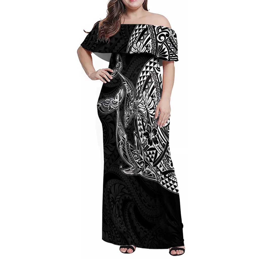 Hawaiian Whales Polynesian Art Motifs Family Matching Off Shoulder Maxi Dress and Hawaiian Shirt Black Color - Polynesian Pride