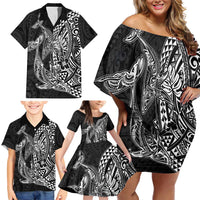 Hawaiian Whales Polynesian Art Motifs Family Matching Off Shoulder Short Dress and Hawaiian Shirt Black Color - Polynesian Pride
