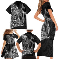 Hawaiian Whales Polynesian Art Motifs Family Matching Short Sleeve Bodycon Dress and Hawaiian Shirt Black Color - Polynesian Pride