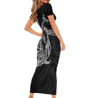 Hawaiian Whales Polynesian Art Motifs Family Matching Short Sleeve Bodycon Dress and Hawaiian Shirt Black Color - Polynesian Pride