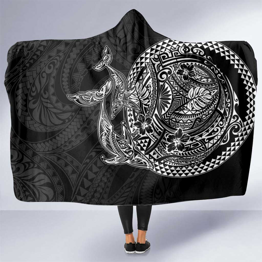 Hawaiian Whales Polynesian Art Motifs Hooded Blanket Black Color - Polynesian Pride
