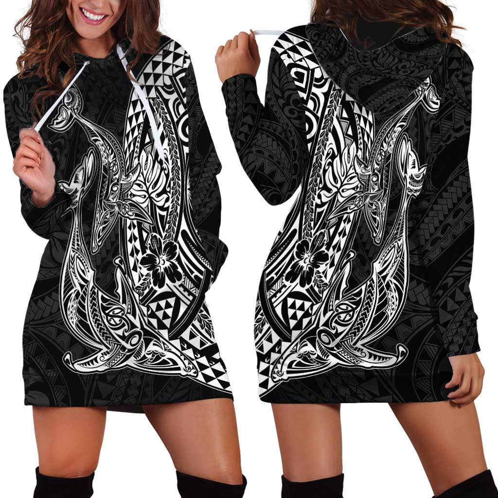 Hawaiian Whales Polynesian Art Motifs Hoodie Dress Black Color - Polynesian Pride