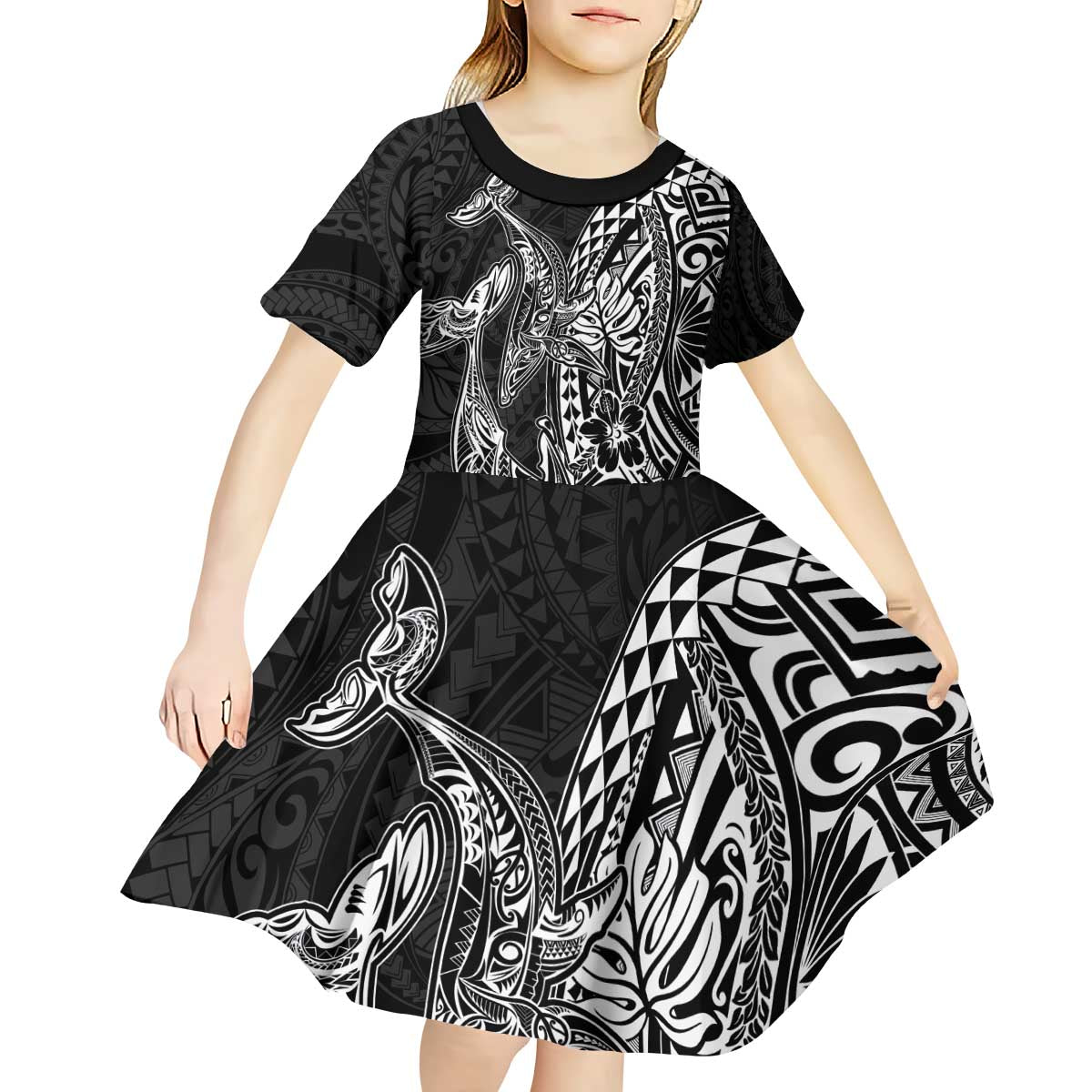 Hawaiian Whales Polynesian Art Motifs Kid Short Sleeve Dress Black Color - Polynesian Pride
