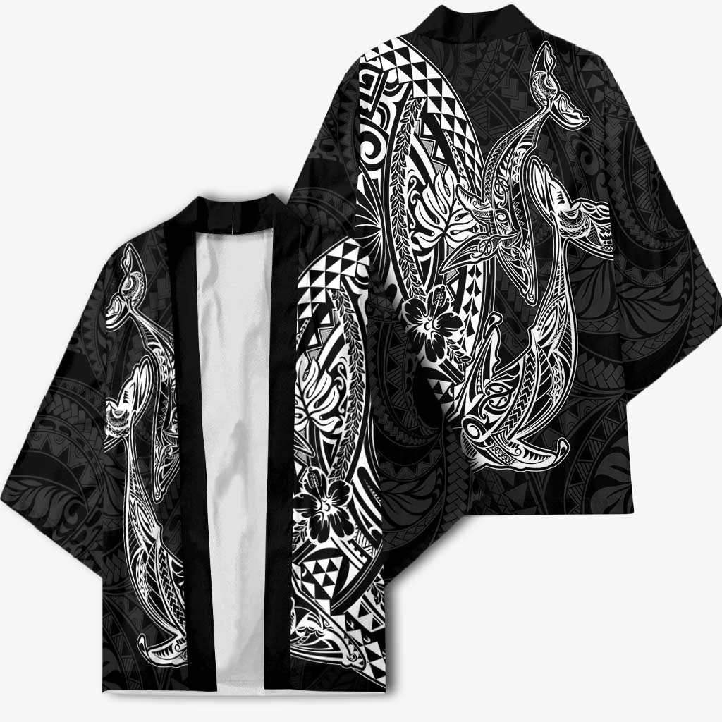 Hawaiian Whales Polynesian Art Motifs Kimono Black Color - Polynesian Pride