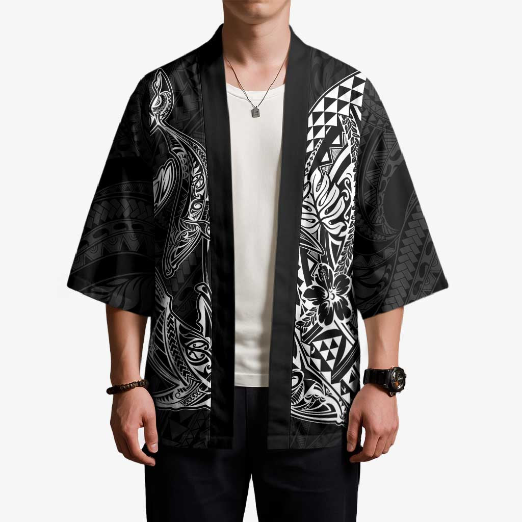 Hawaiian Whales Polynesian Art Motifs Kimono Black Color - Polynesian Pride