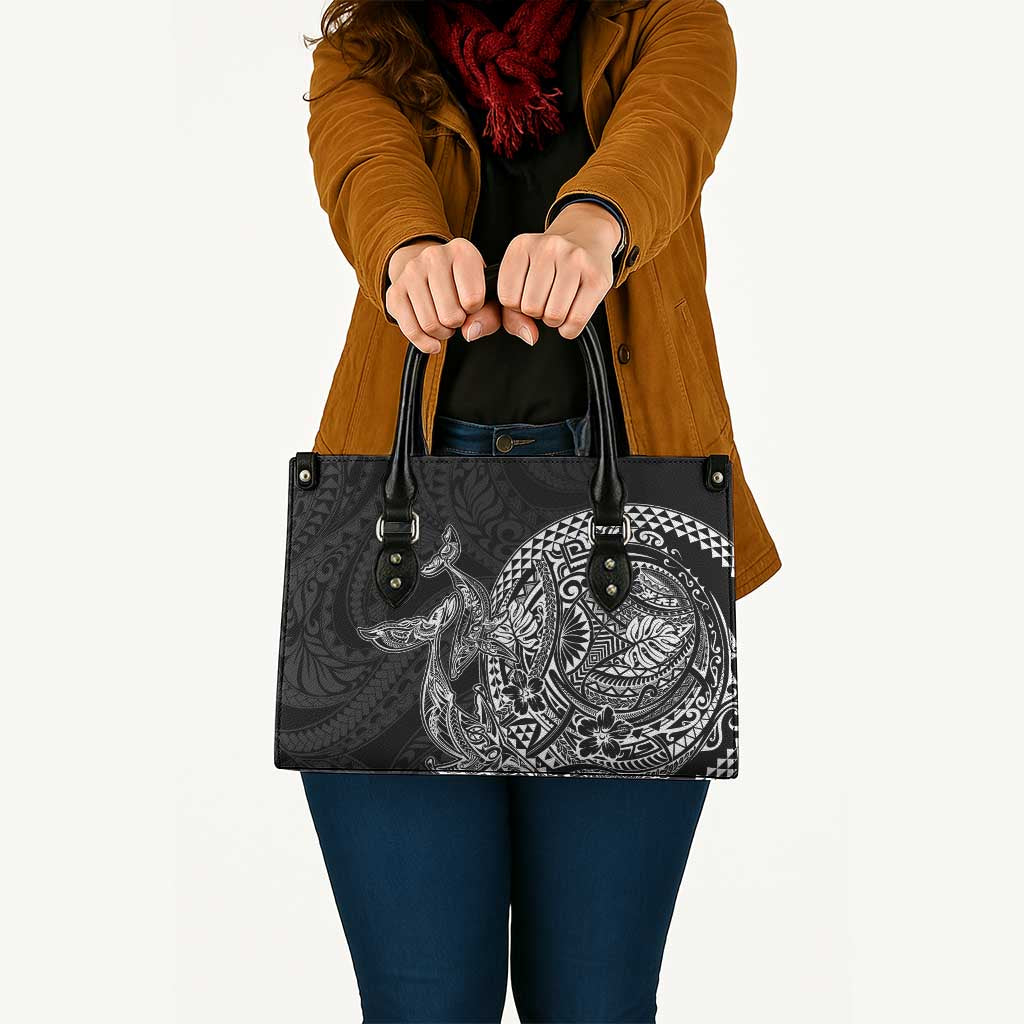 Hawaiian Whales Polynesian Art Motifs Leather Bag Black Color - Polynesian Pride