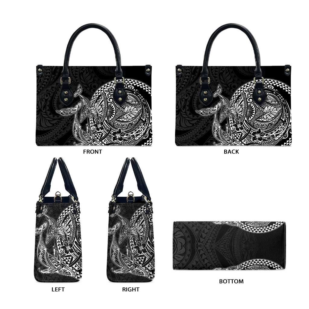 Hawaiian Whales Polynesian Art Motifs Leather Bag Black Color - Polynesian Pride