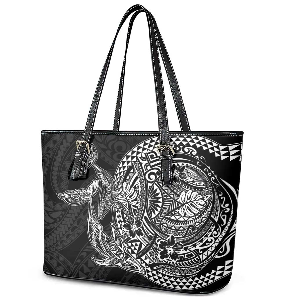 Hawaiian Whales Polynesian Art Motifs Leather Tote Bag Black Color - Polynesian Pride