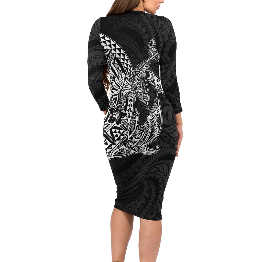 Hawaiian Whales Polynesian Art Motifs Long Sleeve Bodycon Dress Black Color LT03 - Polynesian Pride