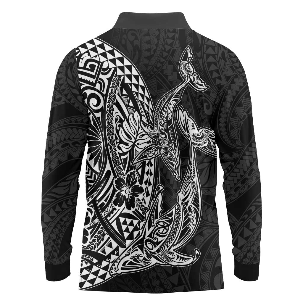 Hawaiian Whales Polynesian Art Motifs Long Sleeve Polo Shirt Black Color - Polynesian Pride