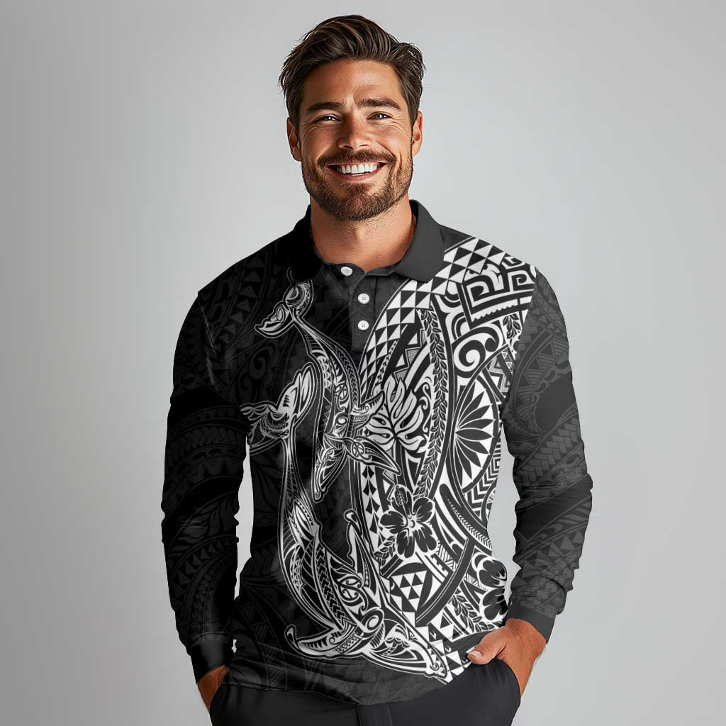 Hawaiian Whales Polynesian Art Motifs Long Sleeve Polo Shirt Black Color - Polynesian Pride