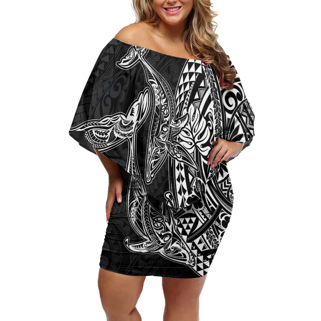 Hawaiian Whales Polynesian Art Motifs Off Shoulder Short Dress Black Color - Polynesian Pride