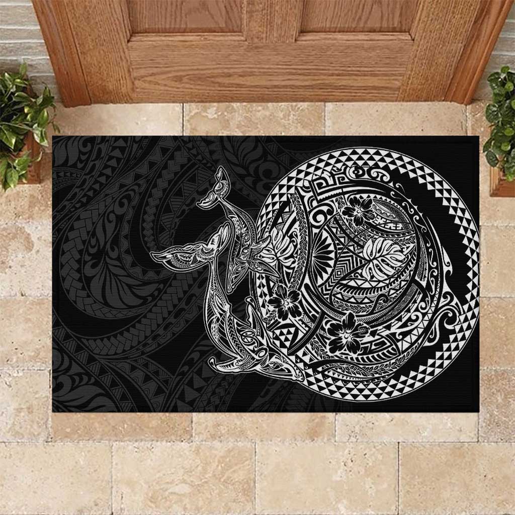 Hawaiian Whales Polynesian Art Motifs Rubber Doormat Black Color - Polynesian Pride