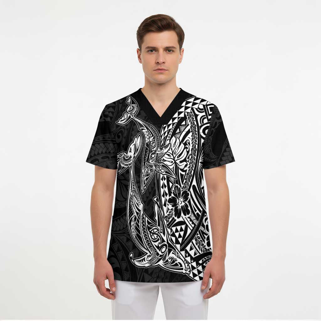 Hawaiian Whales Polynesian Art Motifs Scrub Top Black Color - Polynesian Pride