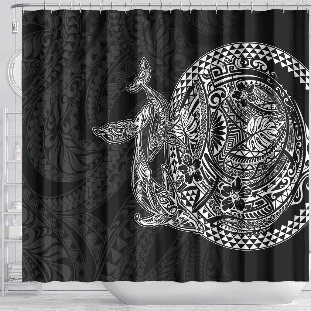 Hawaiian Whales Polynesian Art Motifs Shower Curtain Black Color - Polynesian Pride