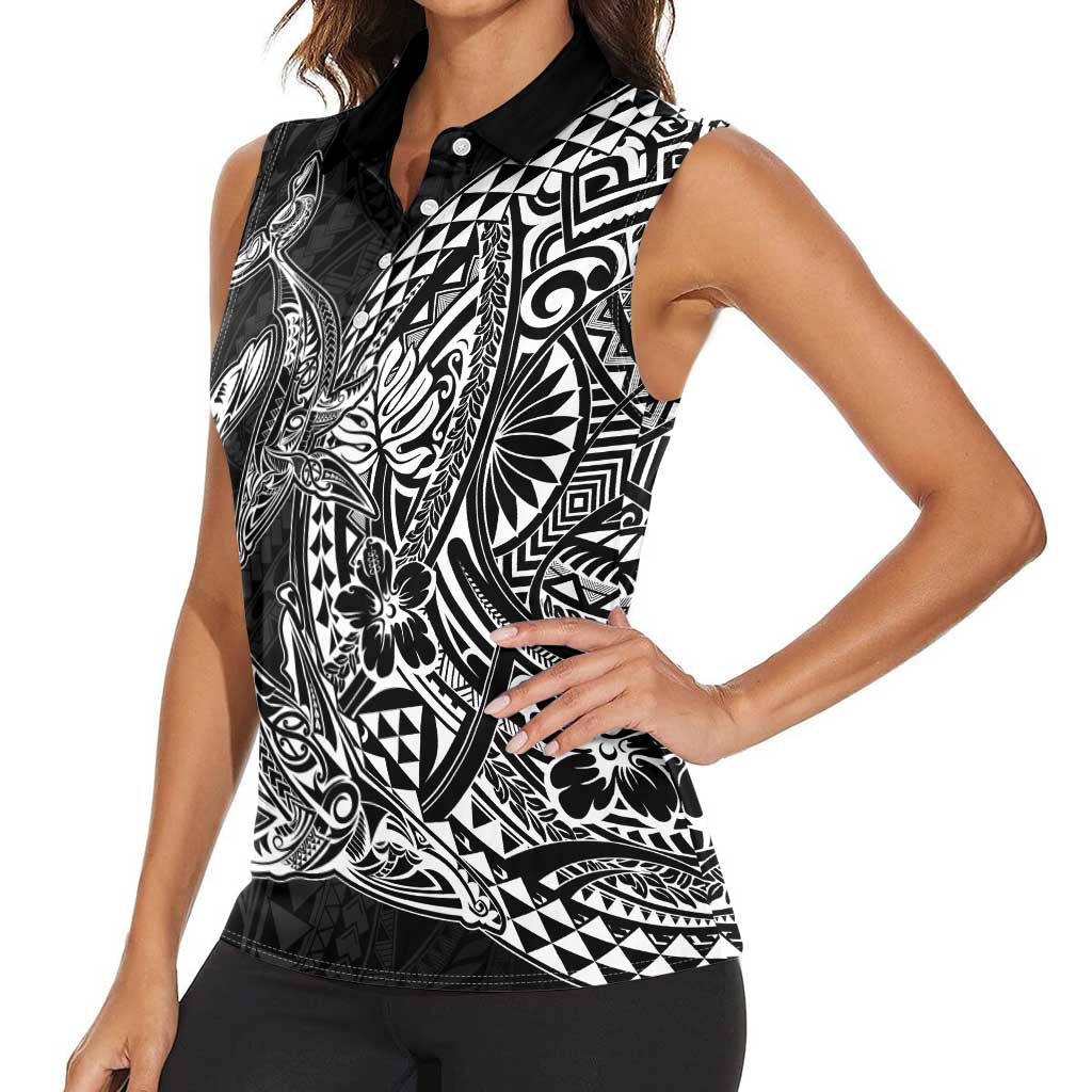 Hawaiian Whales Polynesian Art Motifs Women Sleeveless Polo Shirt Black Color - Polynesian Pride