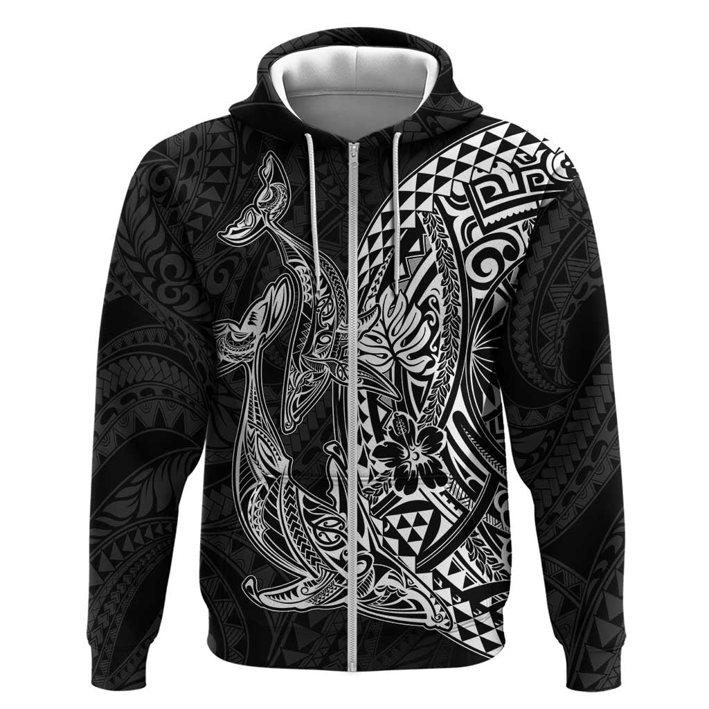 Hawaiian Whales Polynesian Art Motifs Zip Hoodie Black Color - Polynesian Pride