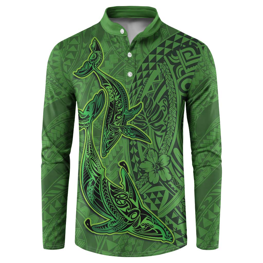 Hawaiian Whales Polynesian Art Motifs Button Sweatshirt Green Color - Polynesian Pride