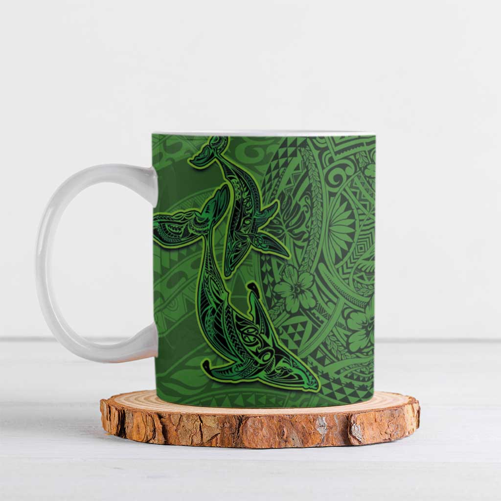 Hawaiian Whales Polynesian Art Motifs Ceramic Mug Green Color - Polynesian Pride