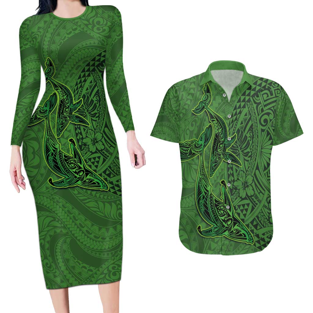Hawaiian Whales Polynesian Art Motifs Couples Matching Long Sleeve Bodycon Dress and Hawaiian Shirt Green Color - Polynesian Pride
