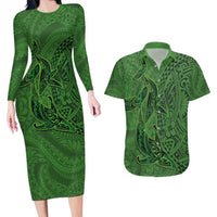 Hawaiian Whales Polynesian Art Motifs Couples Matching Long Sleeve Bodycon Dress and Hawaiian Shirt Green Color - Polynesian Pride