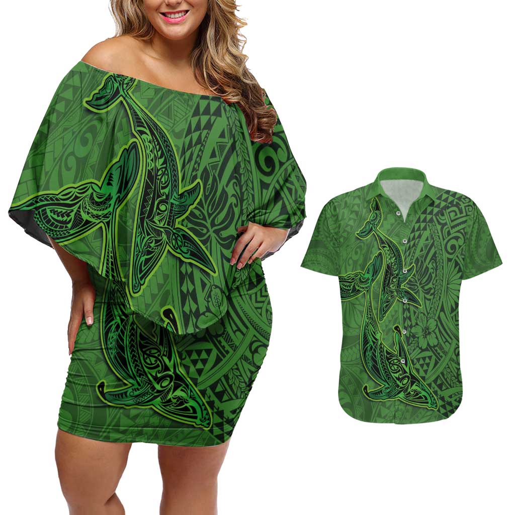 Hawaiian Whales Polynesian Art Motifs Couples Matching Off Shoulder Short Dress and Hawaiian Shirt Green Color - Polynesian Pride