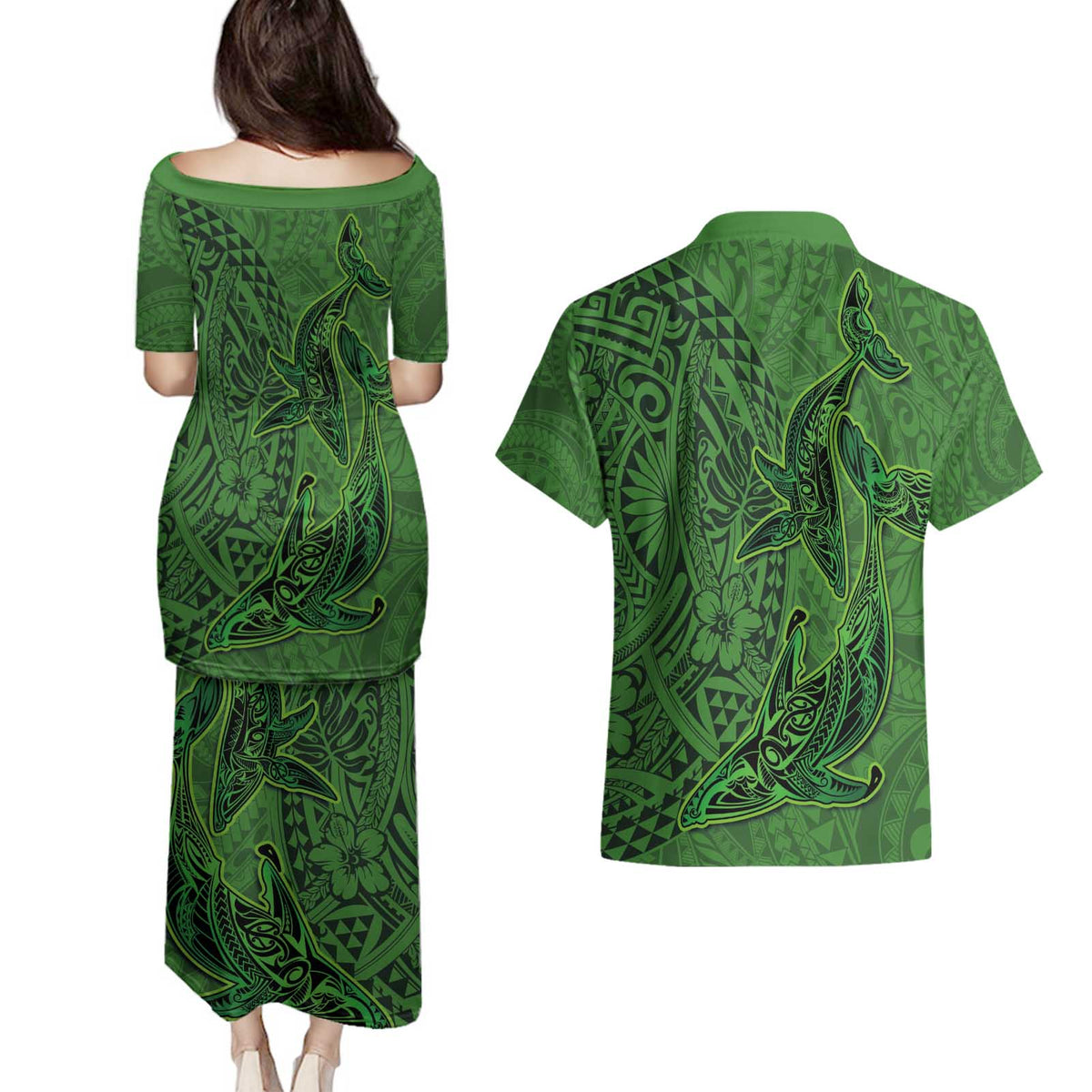 Hawaiian Whales Polynesian Art Motifs Couples Matching Puletasi and Hawaiian Shirt Green Color - Polynesian Pride