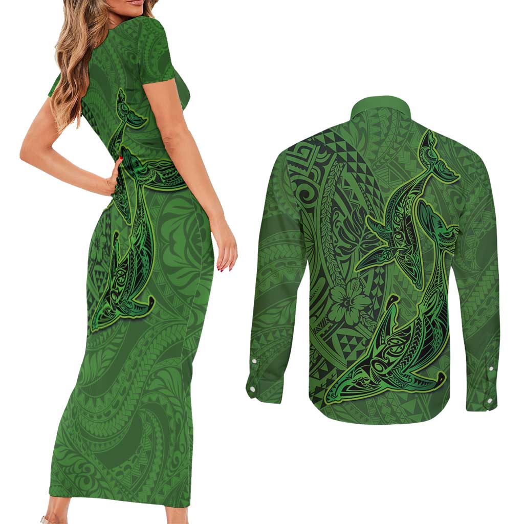 Hawaiian Whales Polynesian Art Motifs Couples Matching Short Sleeve Bodycon Dress and Long Sleeve Button Shirt Green Color - Polynesian Pride