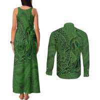 Hawaiian Whales Polynesian Art Motifs Couples Matching Tank Maxi Dress and Long Sleeve Button Shirt Green Color - Polynesian Pride