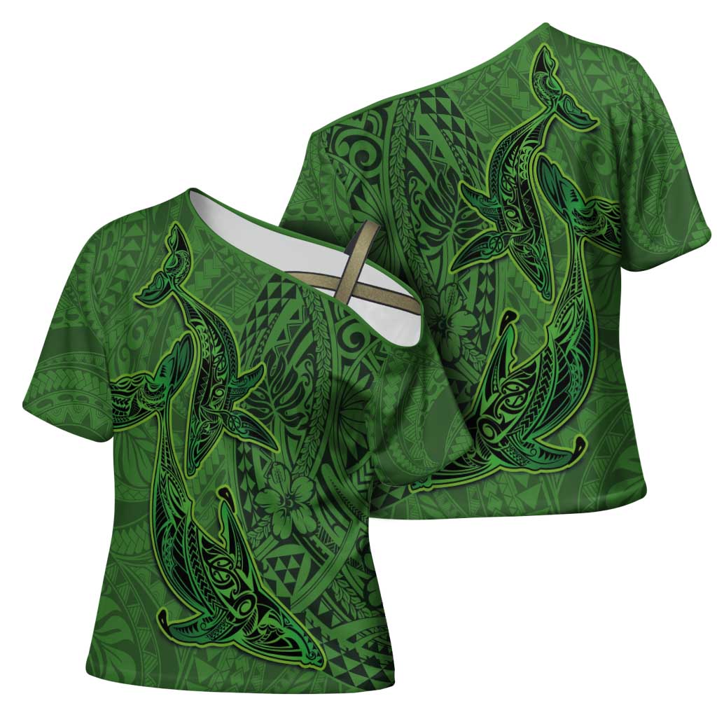 Hawaiian Whales Polynesian Art Motifs Cross Shoulder Shirt Green Color - Polynesian Pride