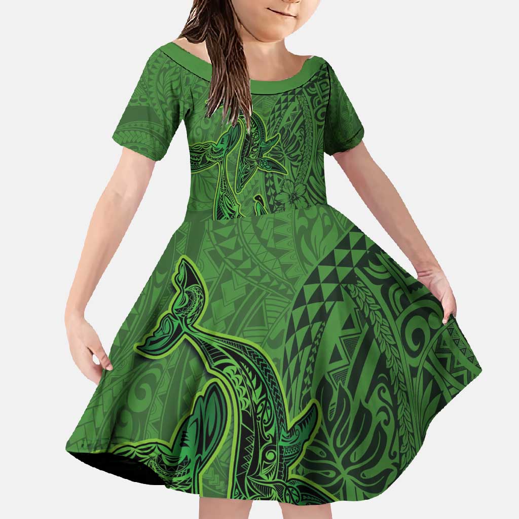 Hawaiian Whales Polynesian Art Motifs Family Matching Long Sleeve Bodycon Dress and Hawaiian Shirt Green Color LT03 Daughter's Dress Green - Polynesian Pride