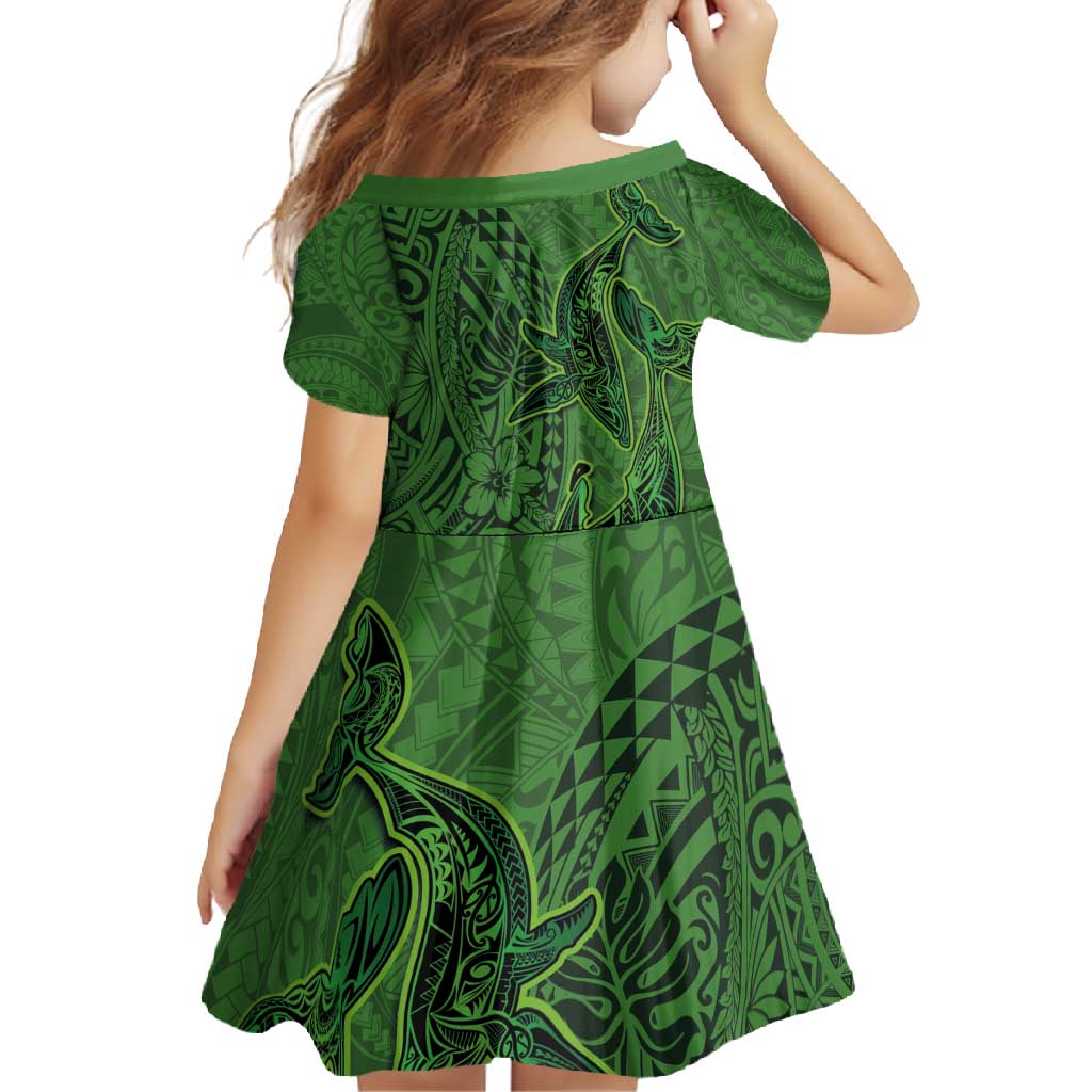Hawaiian Whales Polynesian Art Motifs Family Matching Long Sleeve Bodycon Dress and Hawaiian Shirt Green Color LT03 - Polynesian Pride