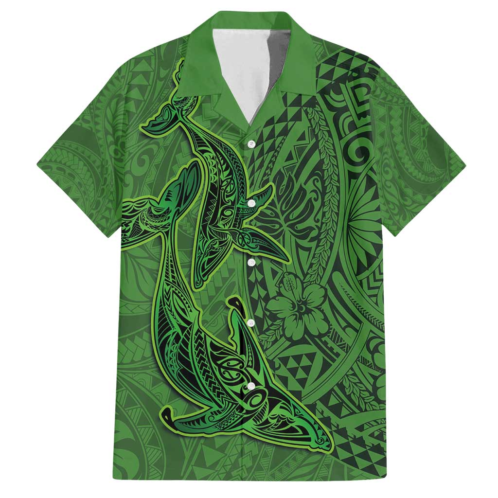 Hawaiian Whales Polynesian Art Motifs Family Matching Long Sleeve Bodycon Dress and Hawaiian Shirt Green Color LT03 Dad's Shirt - Short Sleeve Green - Polynesian Pride