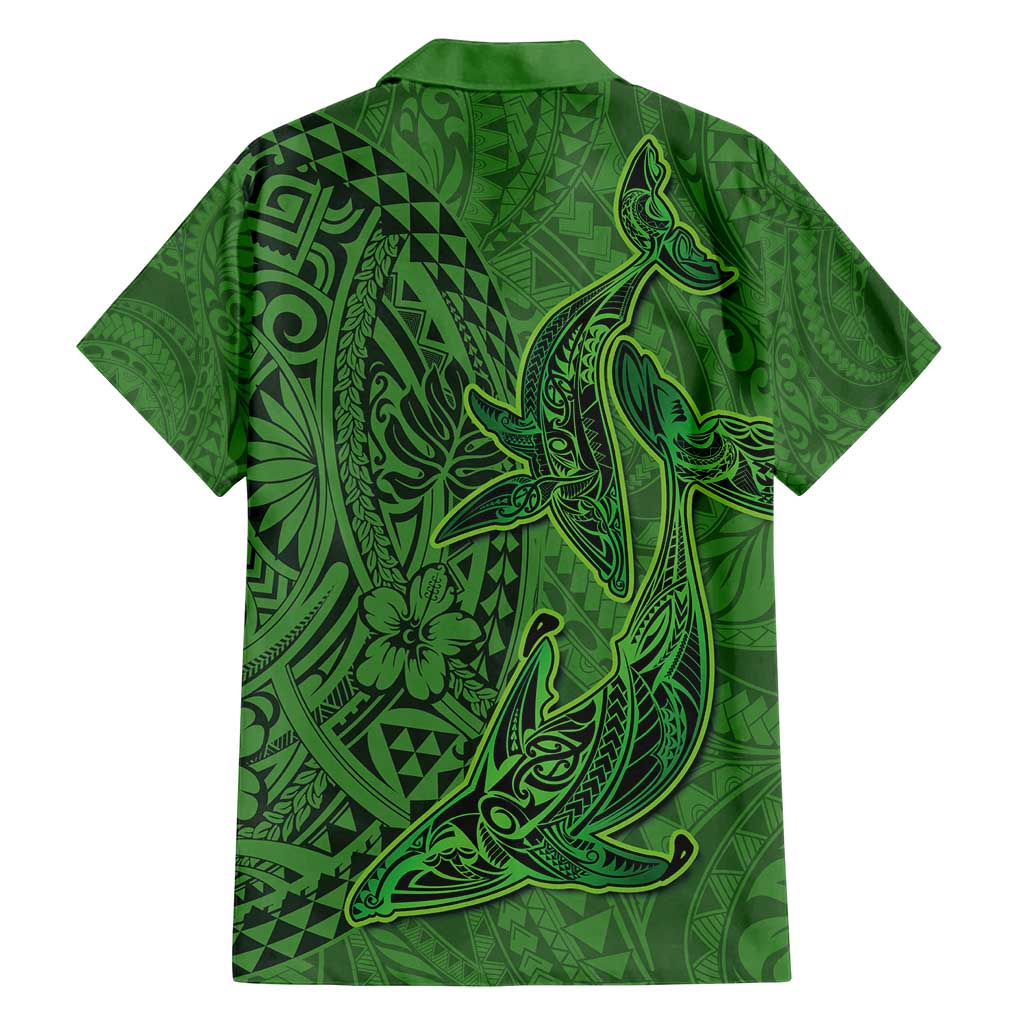 Hawaiian Whales Polynesian Art Motifs Family Matching Long Sleeve Bodycon Dress and Hawaiian Shirt Green Color LT03 - Polynesian Pride