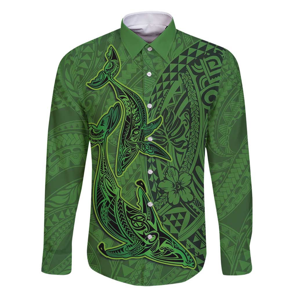 Hawaiian Whales Polynesian Art Motifs Family Matching Long Sleeve Bodycon Dress and Hawaiian Shirt Green Color LT03 Dad's Shirt - Long Sleeve Green - Polynesian Pride