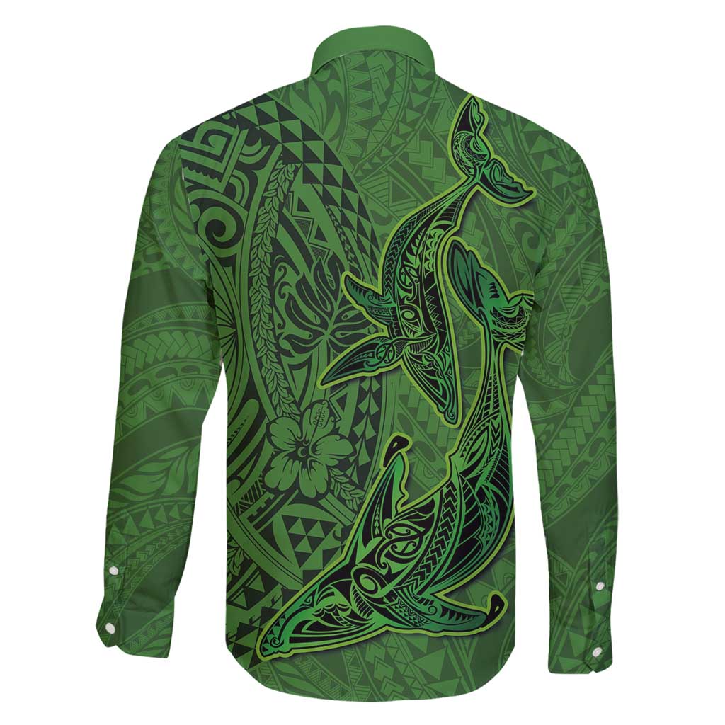 Hawaiian Whales Polynesian Art Motifs Family Matching Long Sleeve Bodycon Dress and Hawaiian Shirt Green Color LT03 - Polynesian Pride