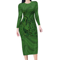 Hawaiian Whales Polynesian Art Motifs Family Matching Long Sleeve Bodycon Dress and Hawaiian Shirt Green Color LT03 Mom's Dress Green - Polynesian Pride