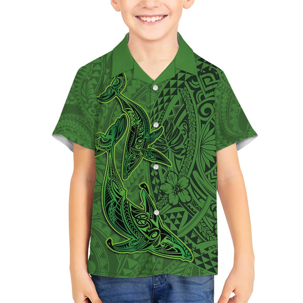 Hawaiian Whales Polynesian Art Motifs Family Matching Long Sleeve Bodycon Dress and Hawaiian Shirt Green Color LT03 Son's Shirt Green - Polynesian Pride