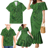 Hawaiian Whales Polynesian Art Motifs Family Matching Mermaid Dress and Hawaiian Shirt Green Color - Polynesian Pride